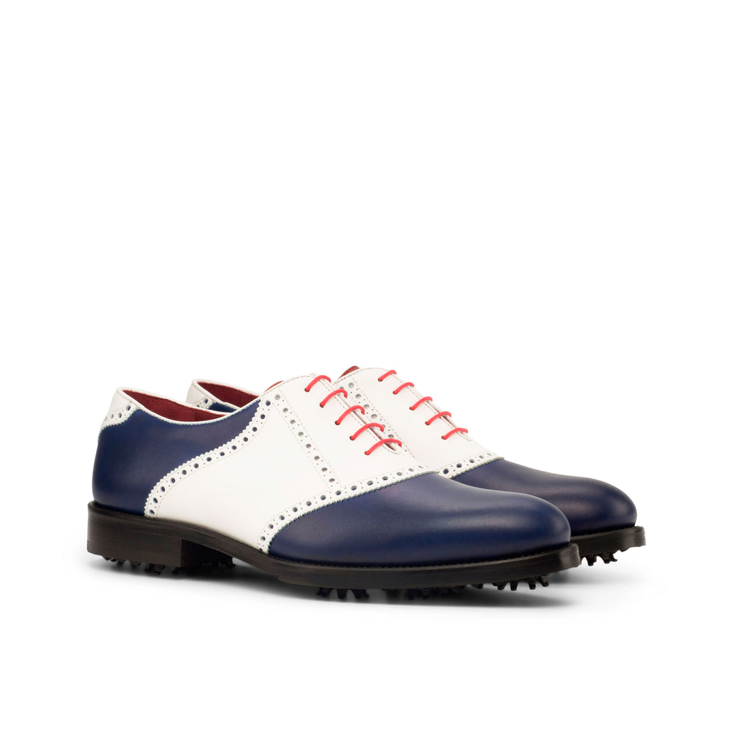 Blue & White Calf Leather Saddle Golf Shoes