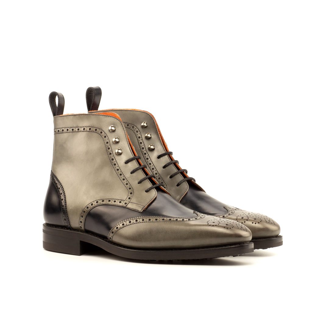 Grey & Black Calf Leather Brogue Boots