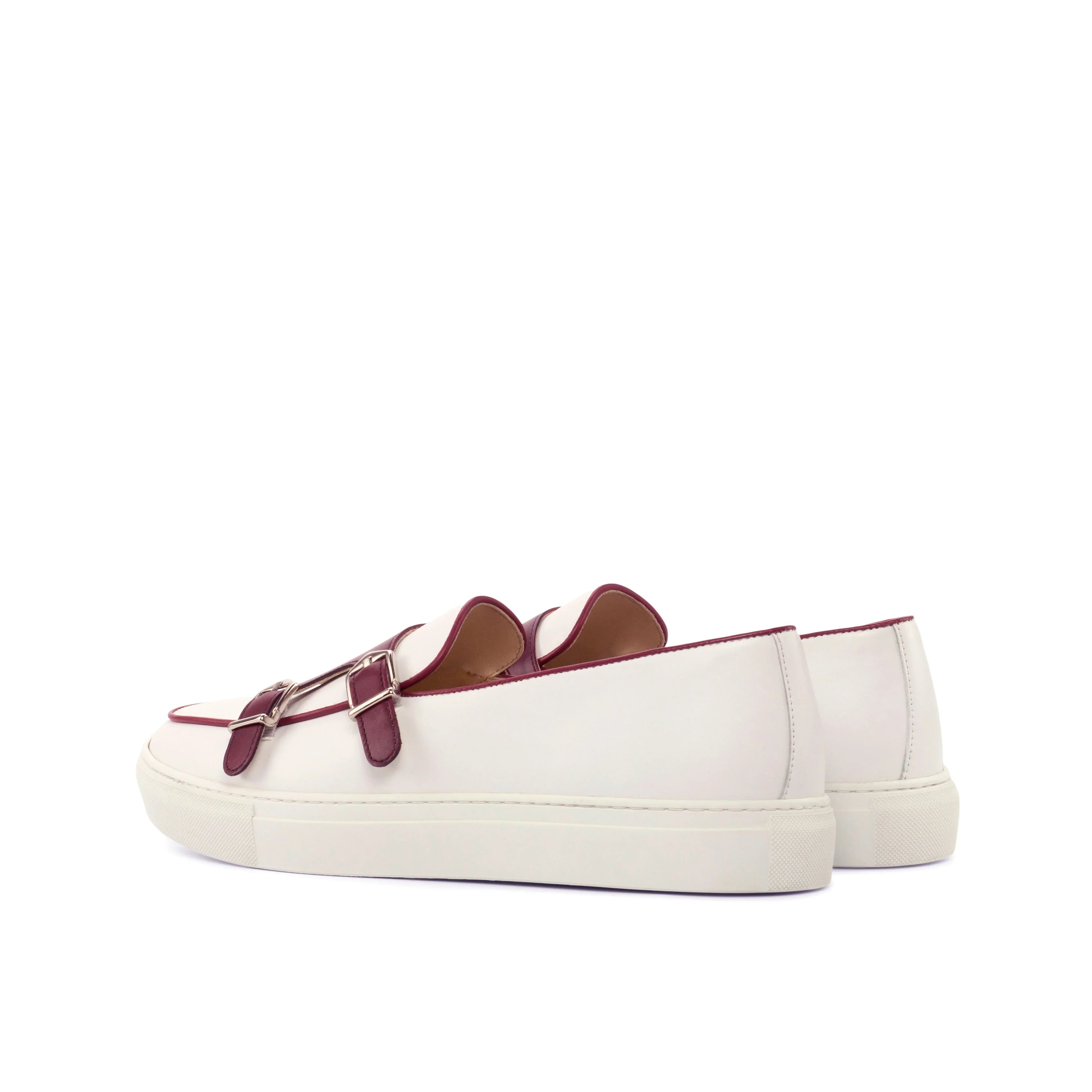 White & Burgundy Nappa Double-Monk Sneakers
