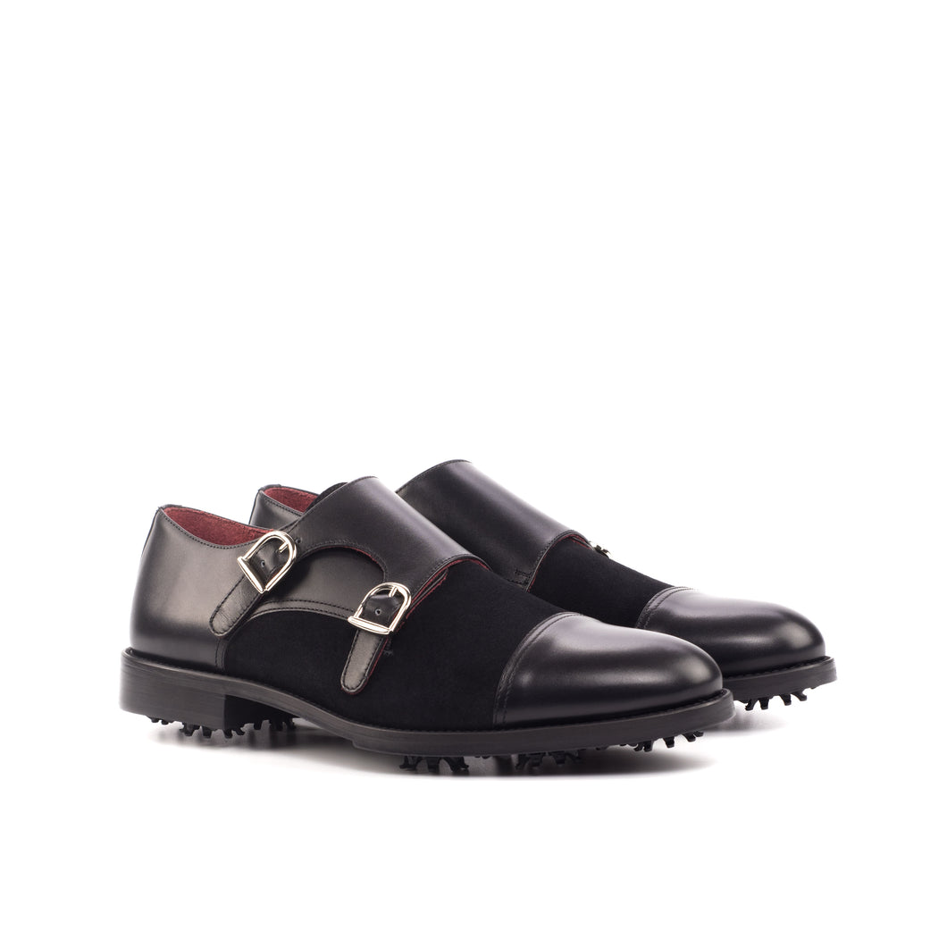 Black Calf & Suede Double Monk-Strap Golf Shoes