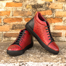 Load image into Gallery viewer, Red &amp; Black Ostrich Leather High-Top Sneakers
