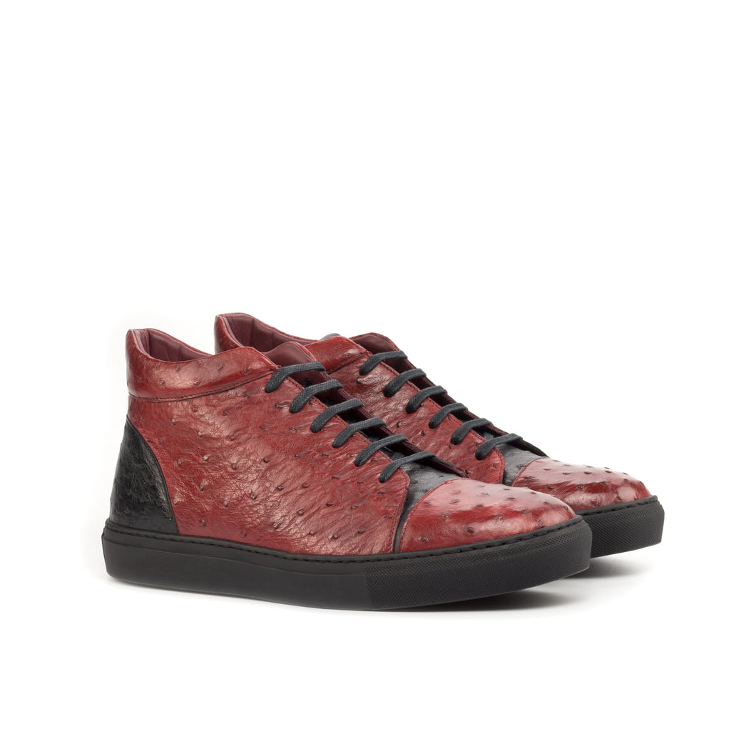 Red & Black Ostrich Leather High-Top Sneakers