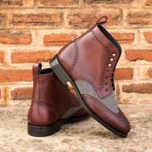 Load image into Gallery viewer, Burgundy Calf Leather &amp; Light Grey Flannel Brogue Boots
