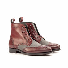 Load image into Gallery viewer, Burgundy Calf Leather &amp; Light Grey Flannel Brogue Boots
