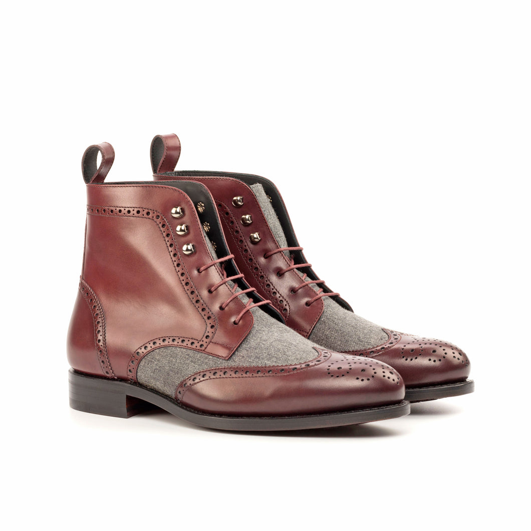 Burgundy Calf Leather & Light Grey Flannel Brogue Boots