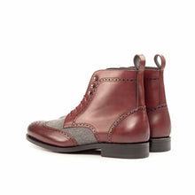 Load image into Gallery viewer, Burgundy Calf Leather &amp; Light Grey Flannel Brogue Boots
