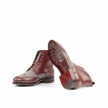Load image into Gallery viewer, Burgundy Calf Leather &amp; Light Grey Flannel Brogue Boots
