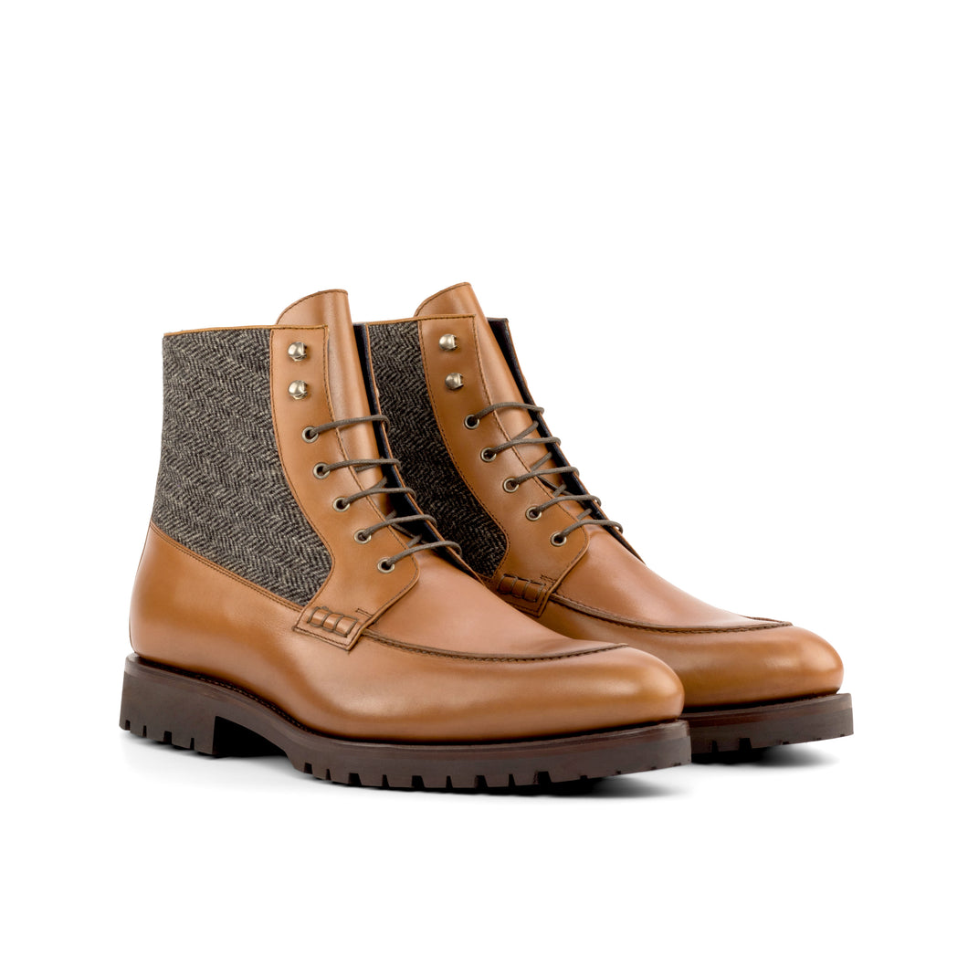 Medium Brown Calf Leather & Herringbone Moc-Toe Boots