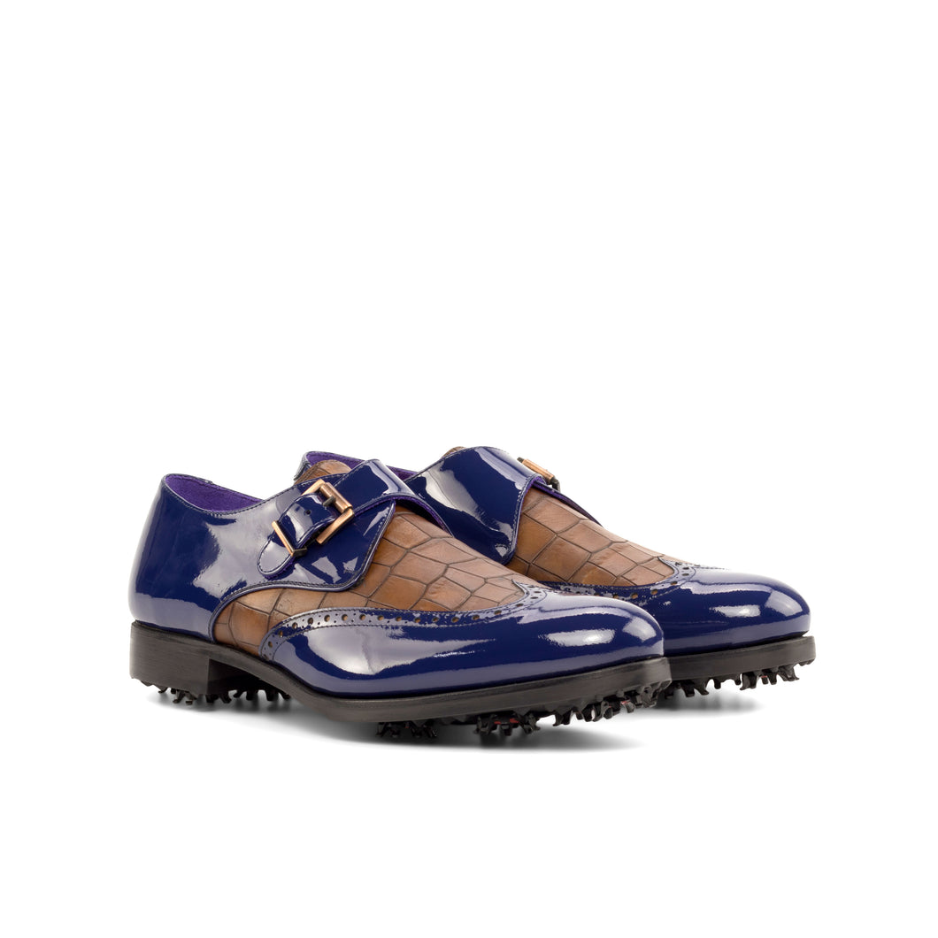 A pair of ADORSI Blue Patent & Brown Croco Single Monk Golf Shoes.