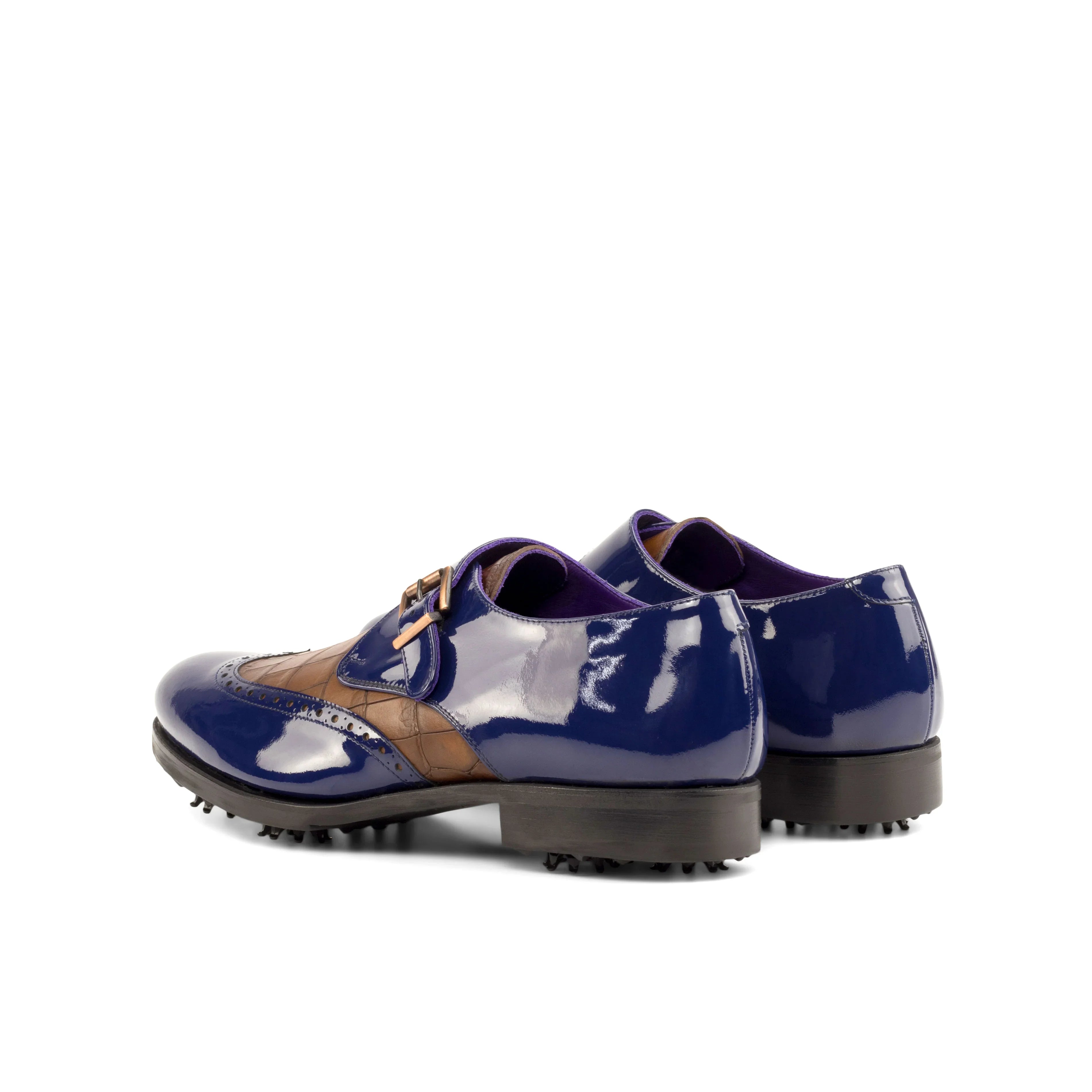 A pair of ADORSI Blue Patent & Brown Croco Single Monk Golf Shoes for men.