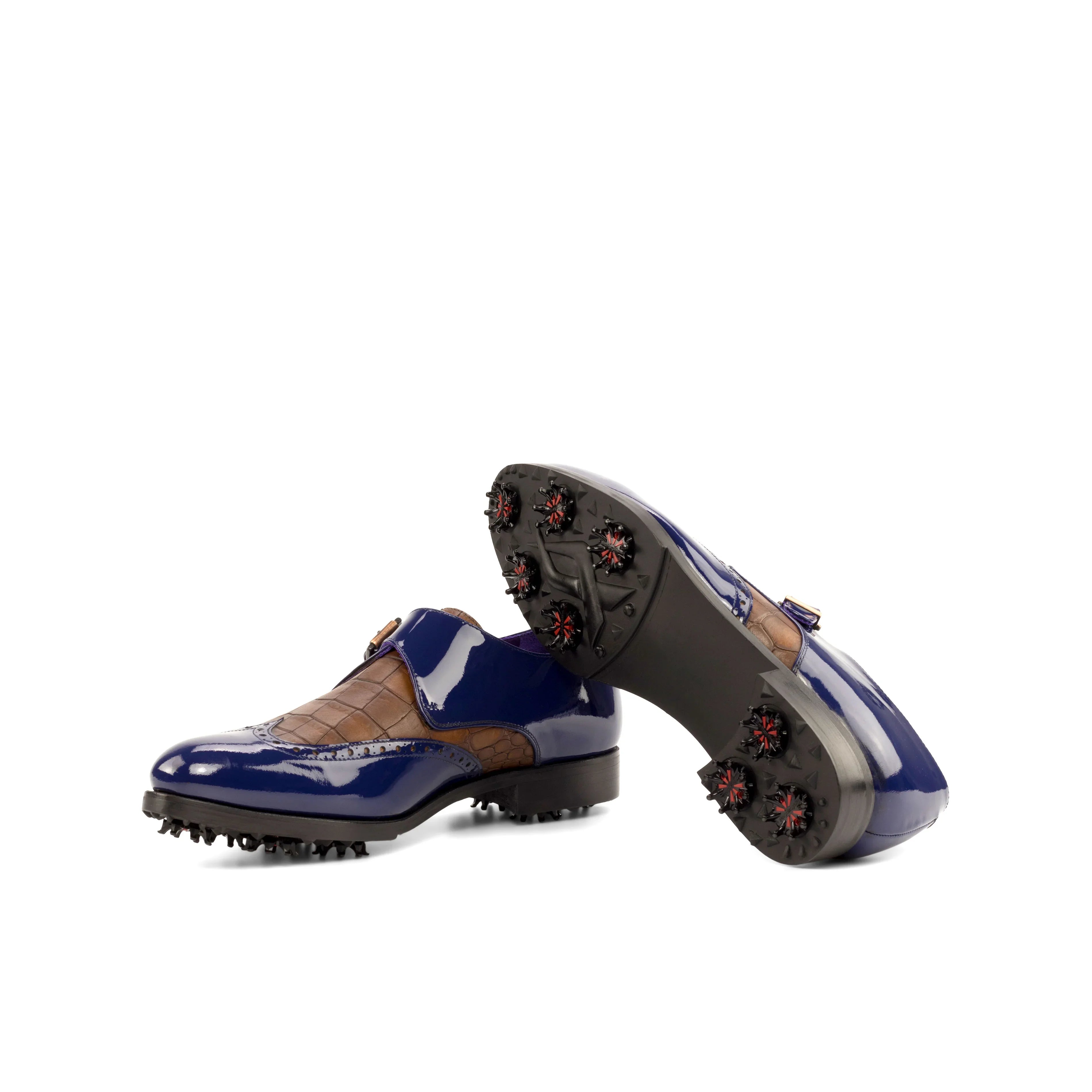 A pair of ADORSI Blue Patent & Brown Croco Single Monk Golf Shoes.