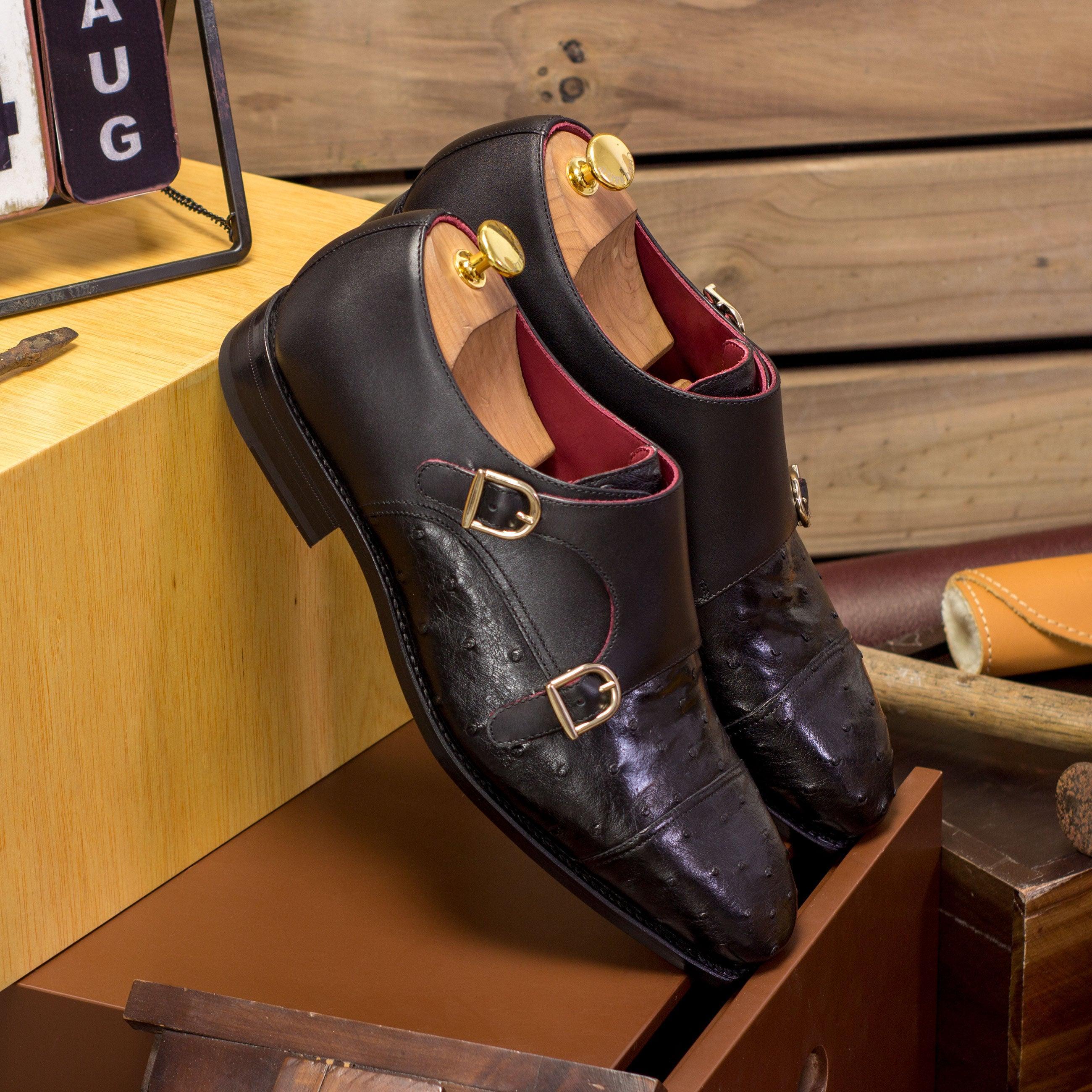 Black Ostrich Leather Double Monk - Double Monk 