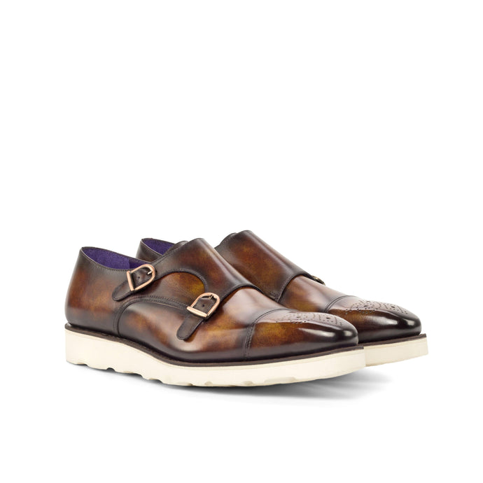 Casual Museum Patina Leather Double Monk Shoes - Double Monk 