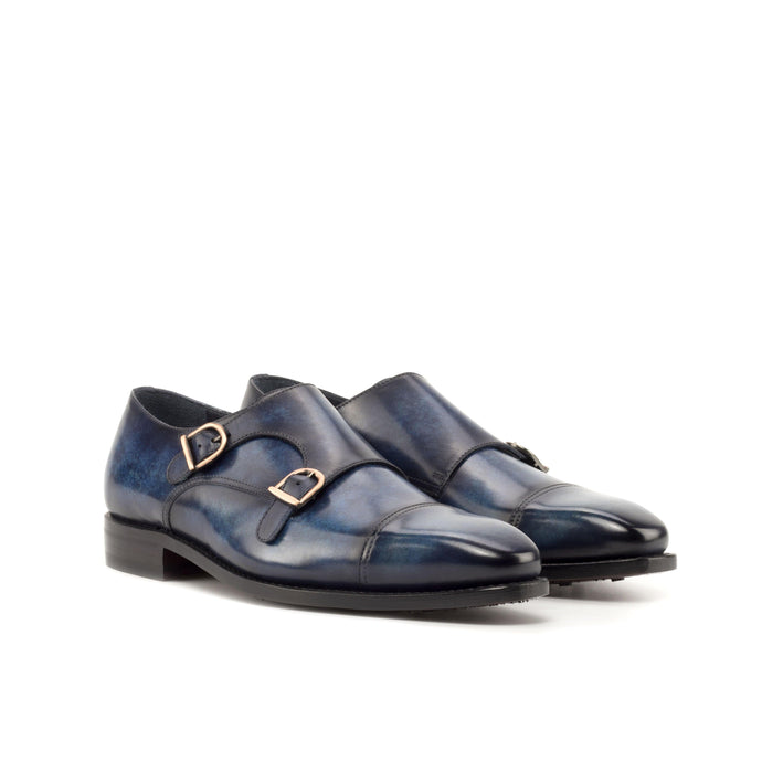 Dark Blue Patina Leather Double Monk Shoes - Double Monk 