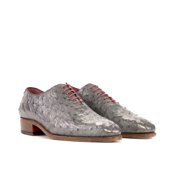 Grey Ostrich Wholecut Shoes with Cuban Heel - Whole Cut 