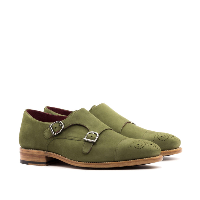 Khaki Green Suede Double Monk Shoes - Double Monk 