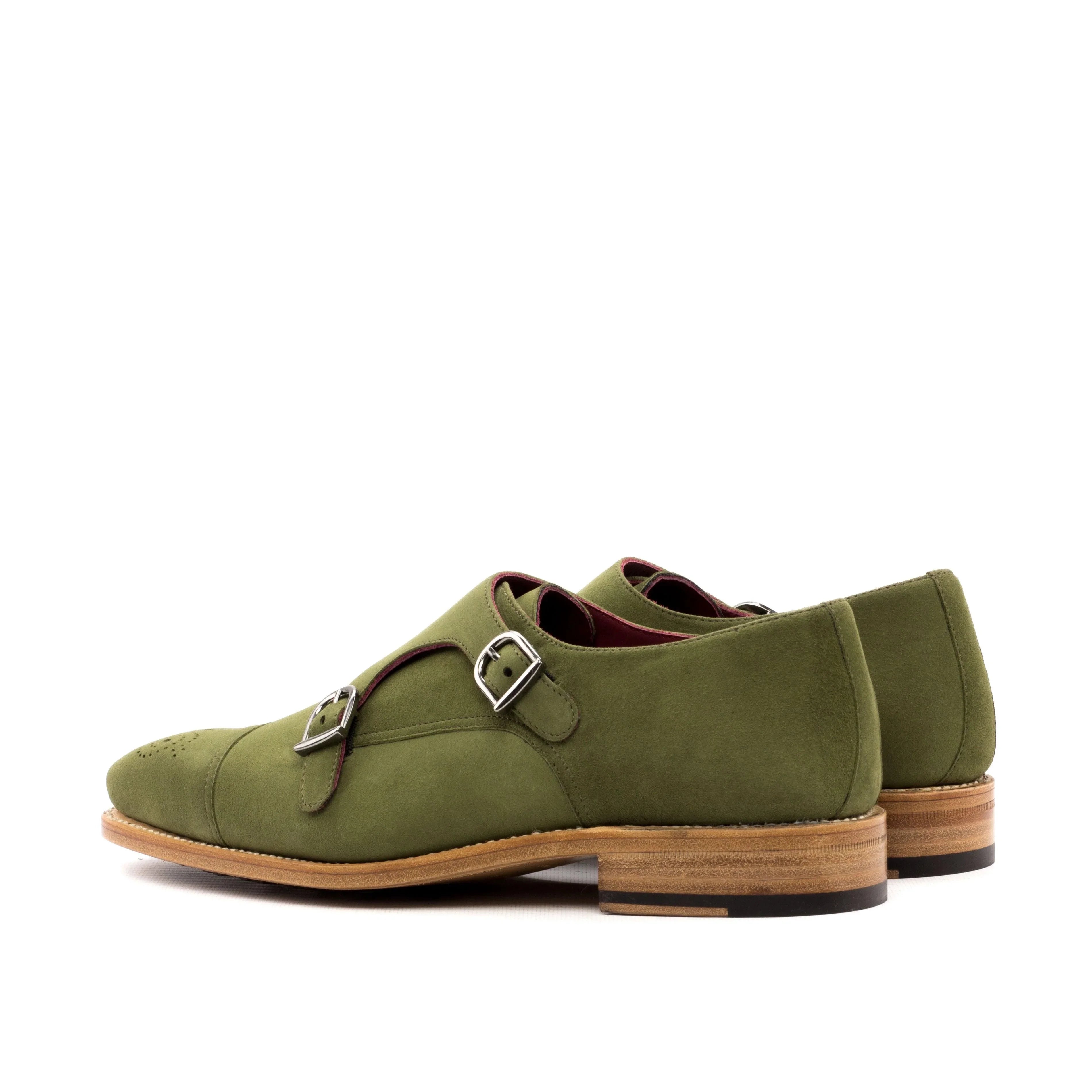 Khaki Green Suede Double Monk Shoes - Double Monk 
