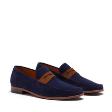 Load image into Gallery viewer, MORGAN MOCASSIN NAVY SUEDE, MED BROWN SUEDE - Moccasin Loafers 
