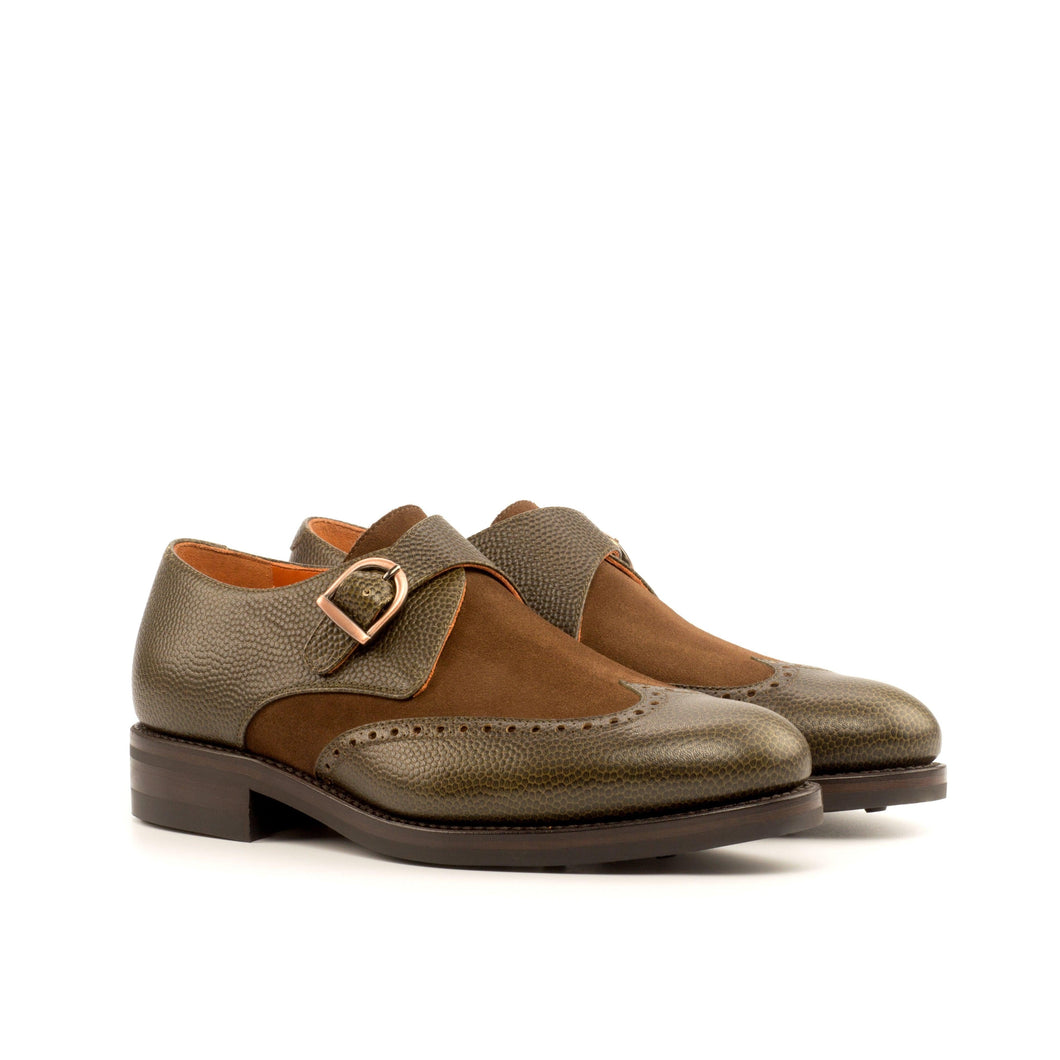 Olive Leather & Brown Suede Single Monk Shoes - Single Monk 
