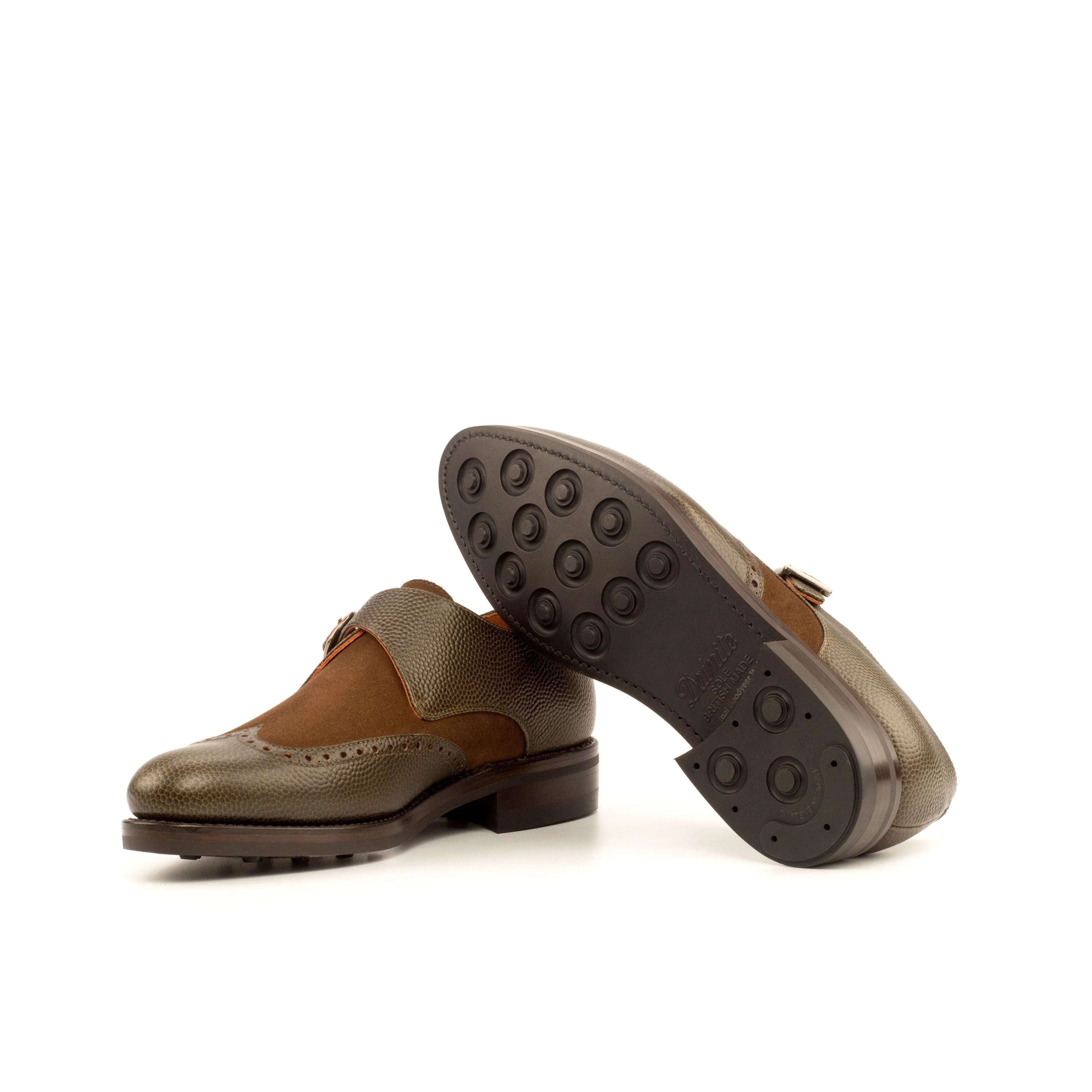 Olive Leather & Brown Suede Single Monk Shoes - Single Monk 