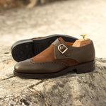 Olive Leather & Brown Suede Single Monk Shoes - Single Monk 