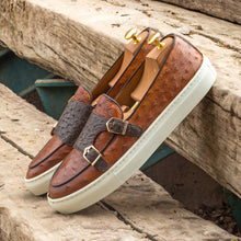 Load image into Gallery viewer, Cognac &amp; Dark Brown Ostrich Double-Monk Sneakers
