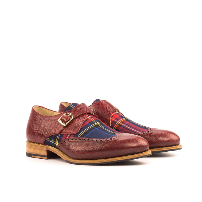 Red Leather & Tartan Fabric Single Monk Shoes - Single Monk 