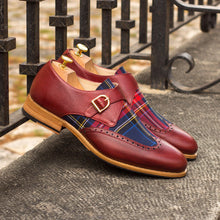 Load image into Gallery viewer, Red Leather &amp; Tartan Fabric Single Monk Shoes - Single Monk 
